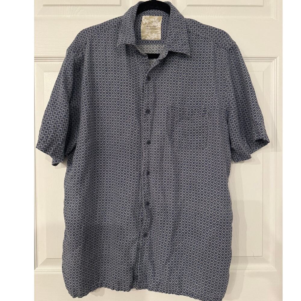 Tasso Elba‎ Island Men’s Large Blue Geometric Button Up Shirt Silk Linen Luxury